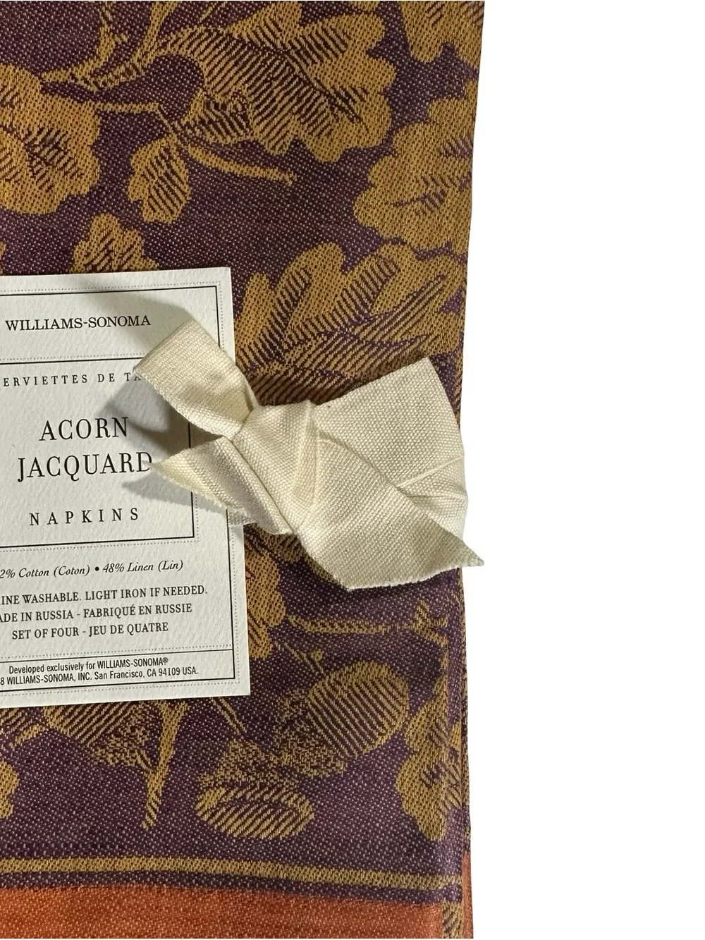 Williams Sonoma Acorn Jacquard Cotton Linen Napkins Set of 4 Purple Gold NOS